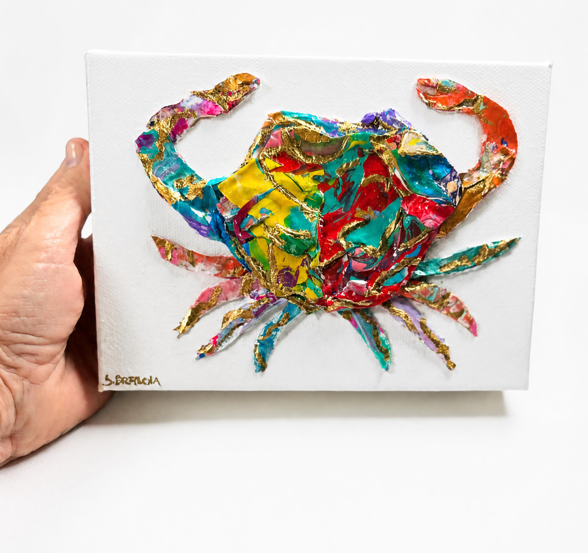 Coastal Creations Crab colorful 5x7 coastal artwork created from pieces of dried artist paint palette
