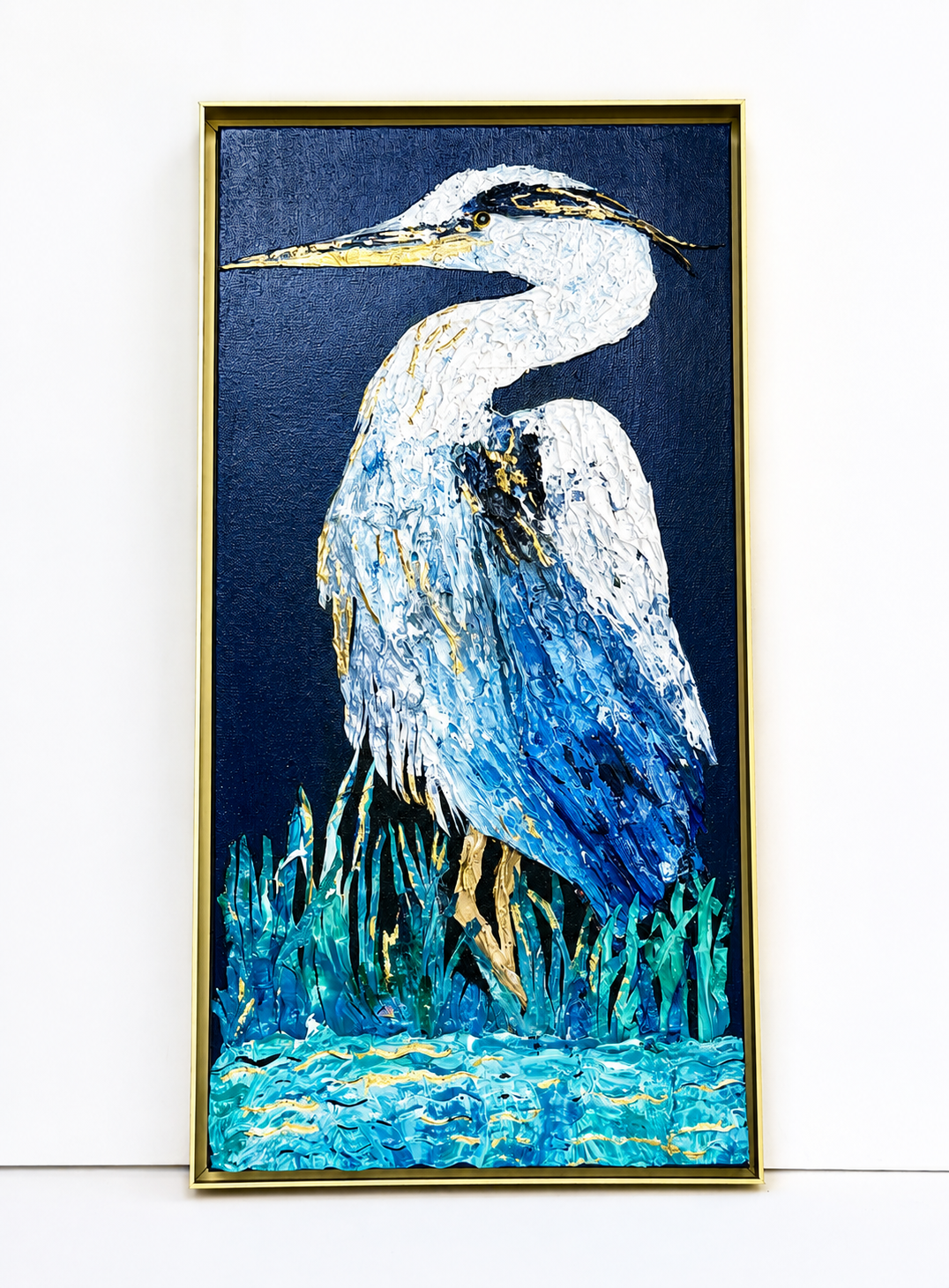 Harper the Heron original mixed media heron painting by Sharon Durgom in gold floating frame
