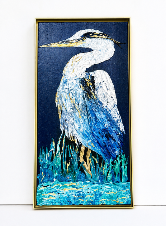 Harper the Heron original mixed media heron painting by Sharon Durgom in gold floating frame