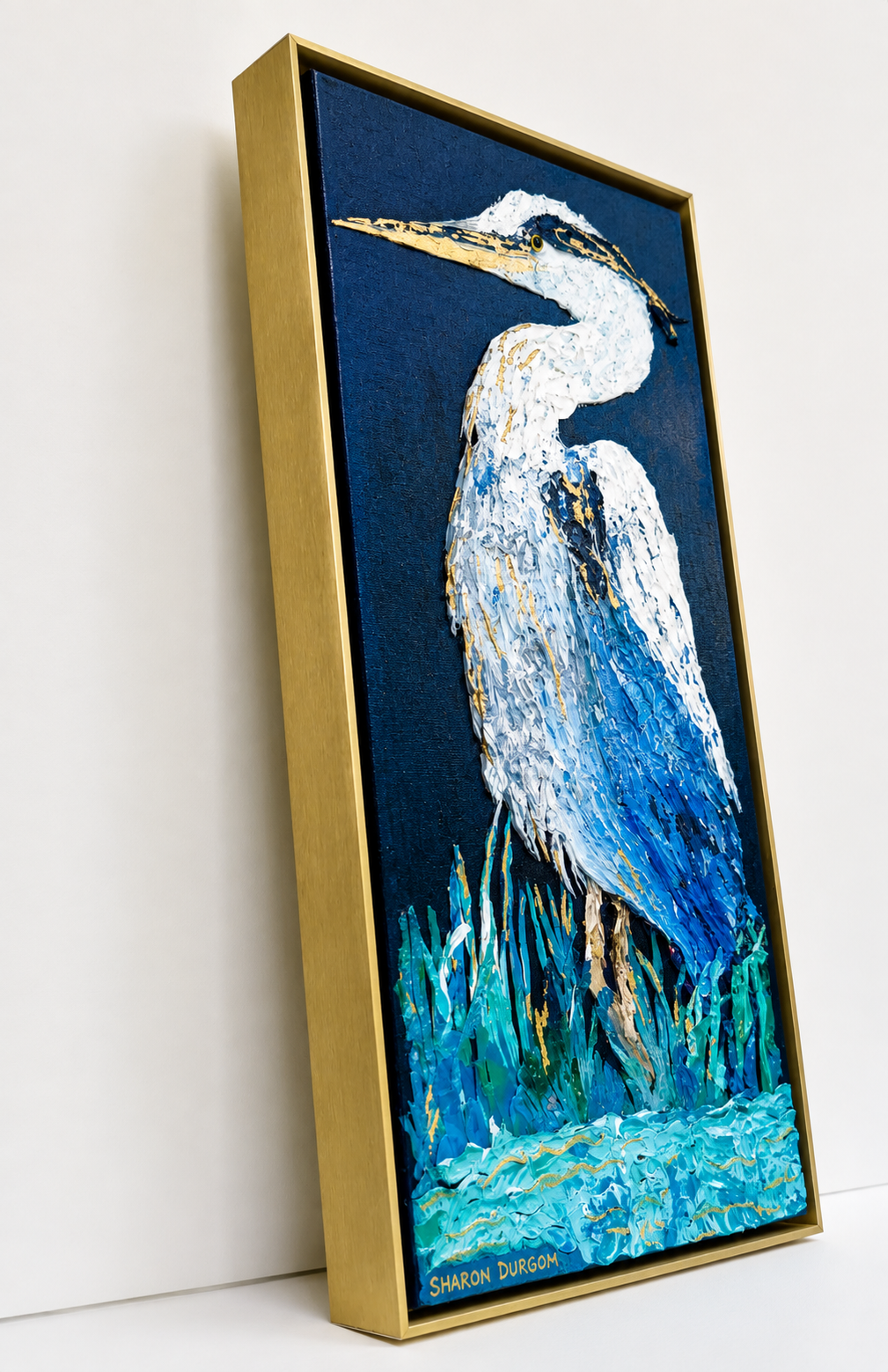 Side view showing the thick palette knife texture of Harper the Heron original artwork
