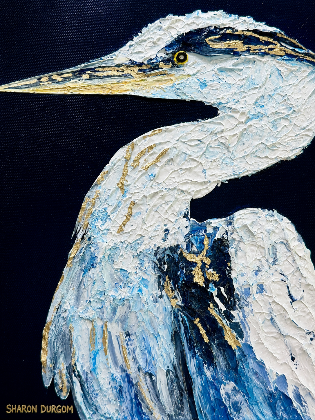 Close-up of Harper the Heron showing heavy impasto texture and metallic gold accents