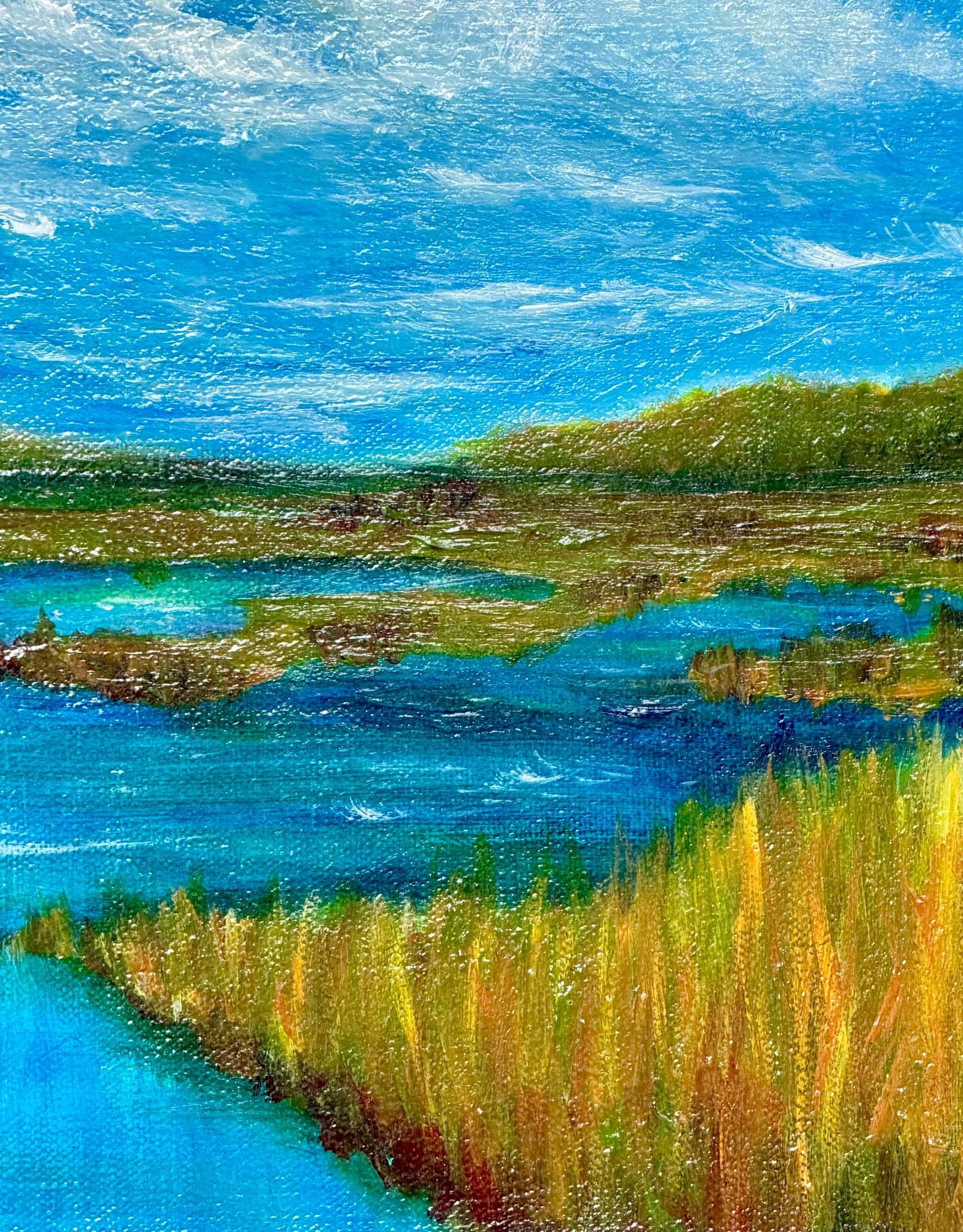 Close-up of golden marsh grasses, calm tidal waters, and expansive blue sky in Lowcountry Autumn original acrylic painting.