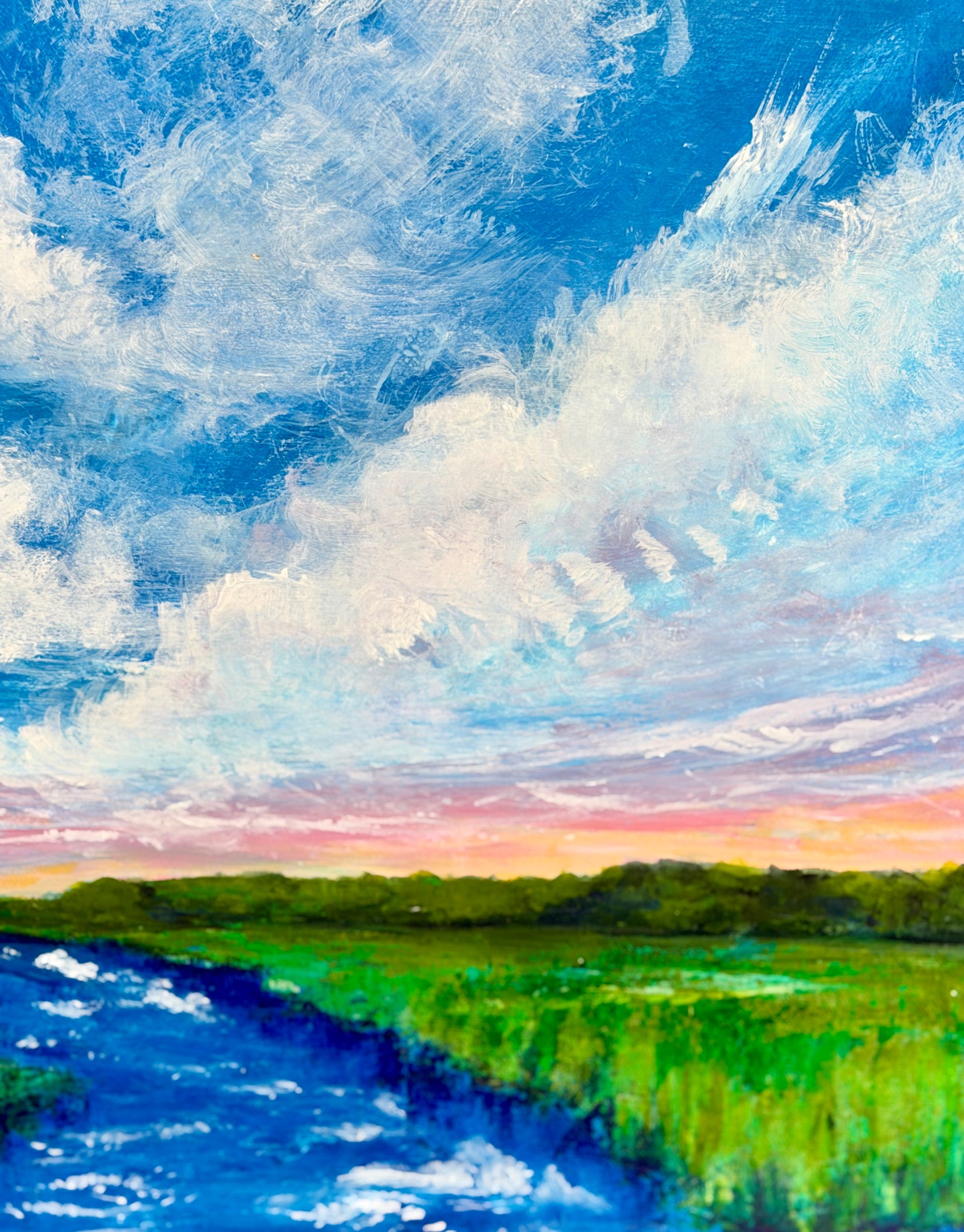Detail of winding marsh creek, vibrant marsh grasses, and sunset colors in Storm Over the Stone.