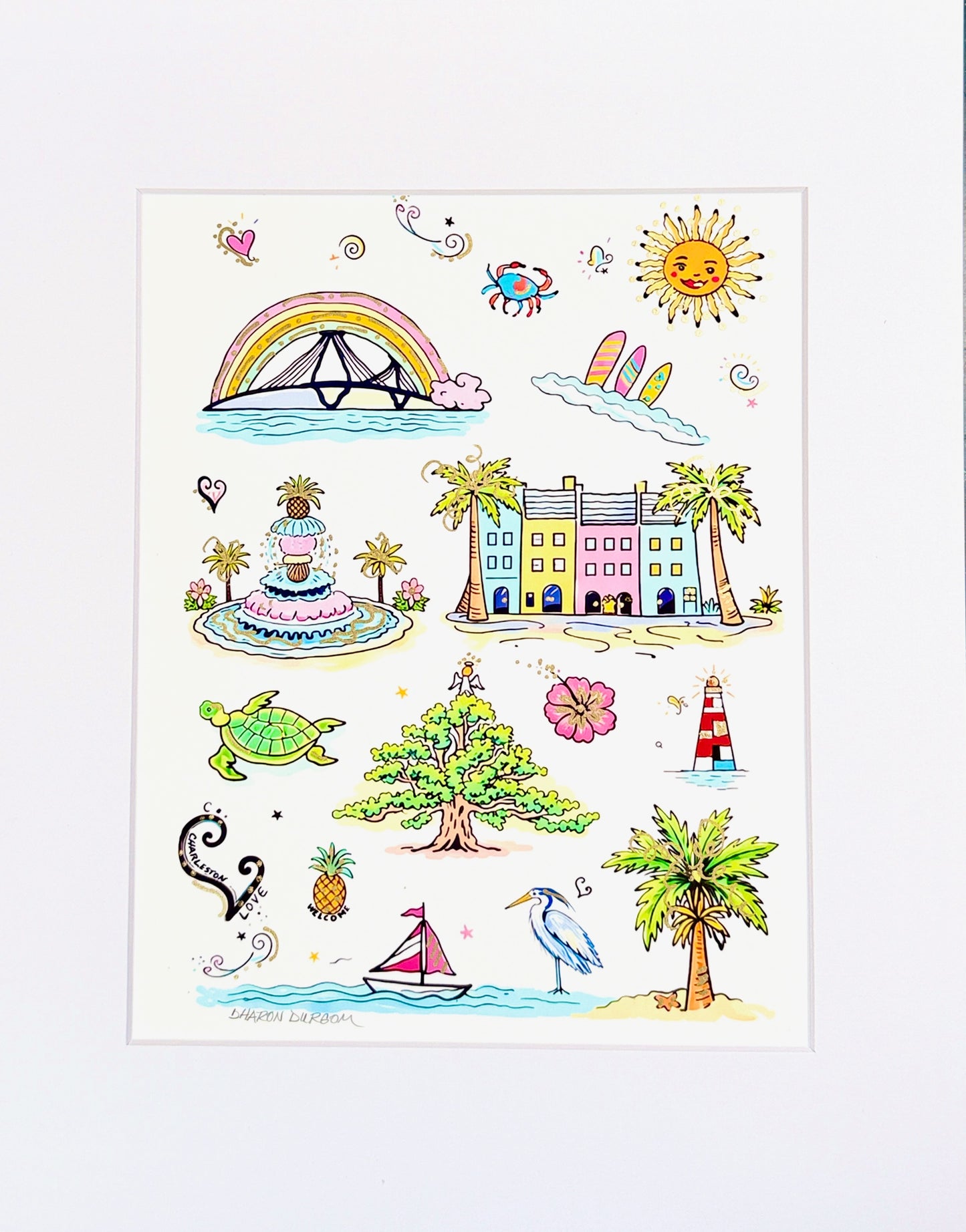 Close-up detail of Charleston Charm Artist Embellished Print showing Pineapple Fountain, Rainbow Row, sea turtle, and Angel Oak with metallic gold accents