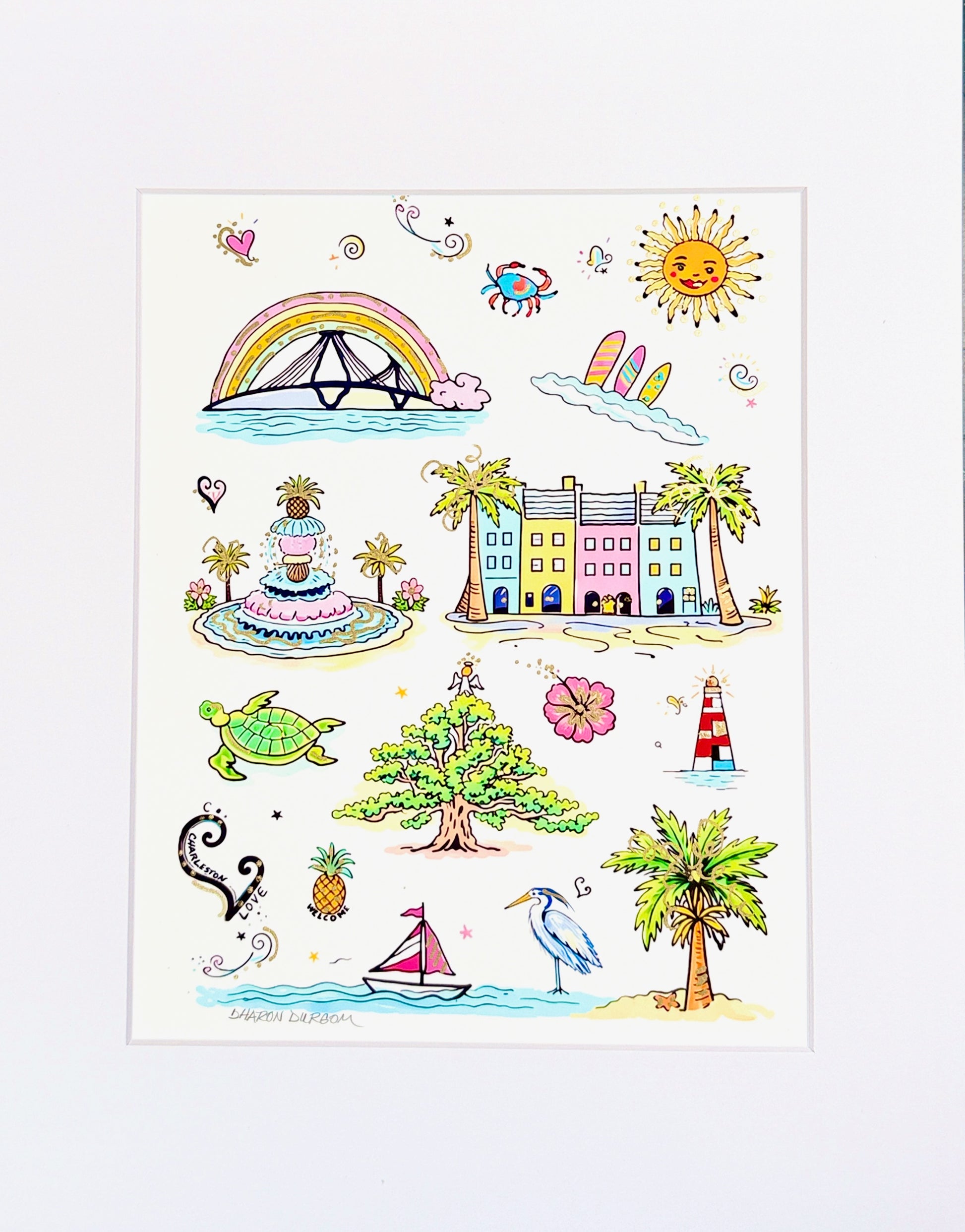 Close-up detail of Charleston Charm Artist Embellished Print showing Pineapple Fountain, Rainbow Row, sea turtle, and Angel Oak with metallic gold accents
