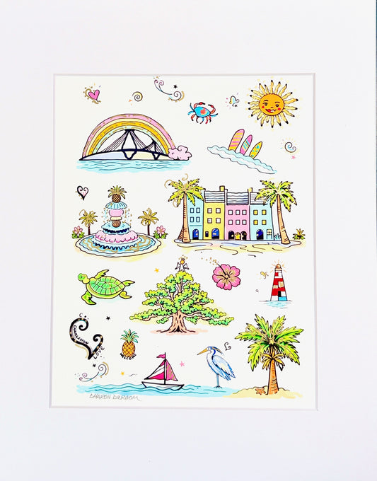 Close-up detail of Charleston Charm Artist Embellished Print showing Pineapple Fountain, Rainbow Row, sea turtle, and Angel Oak with metallic gold accents