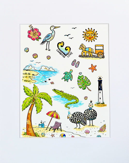 Charleston Charm hand embellished coastal art print featuring Charleston icons with metallic gold accents.