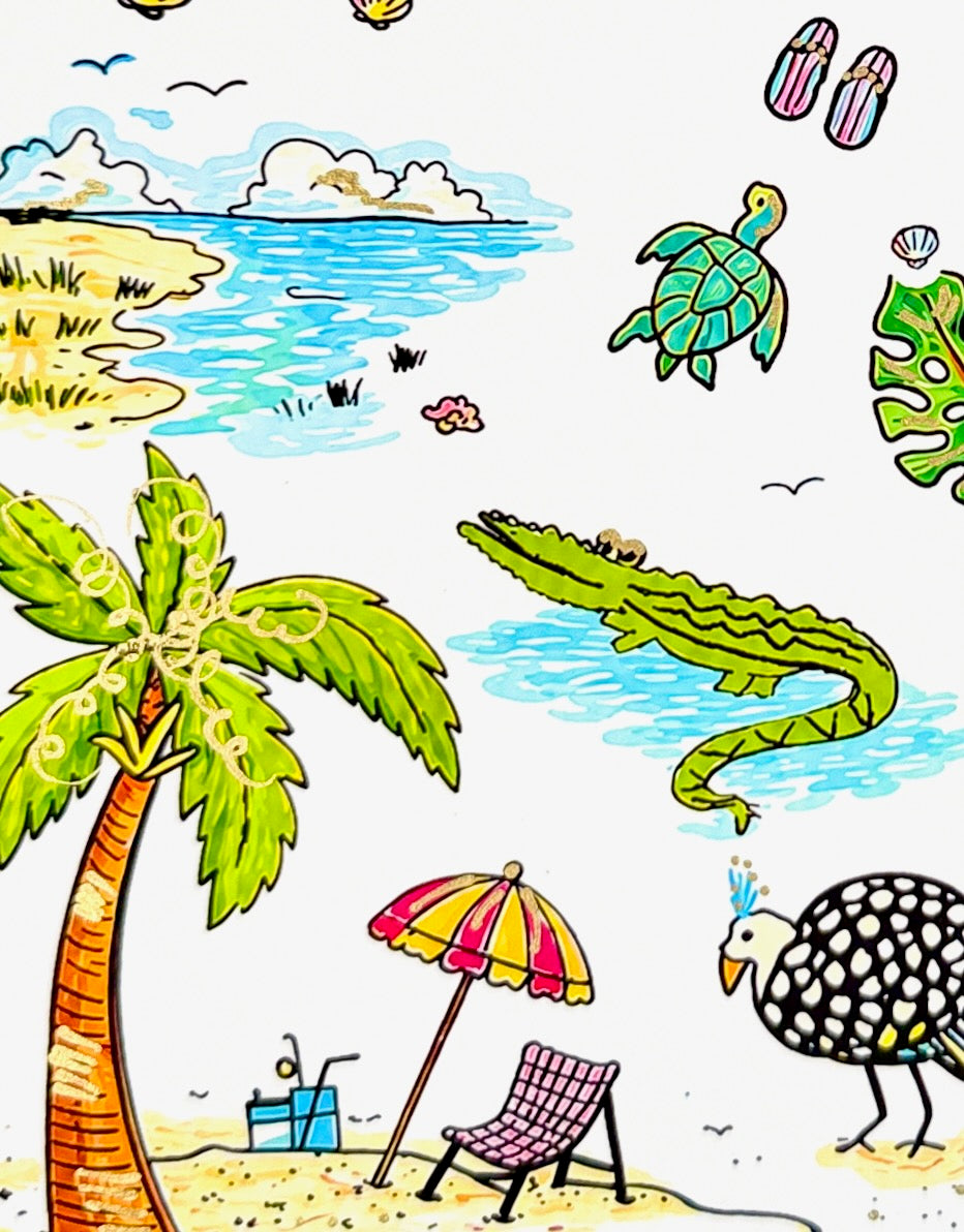 Close-up of Charleston carriage, heart, sea turtle, lighthouse, monstera leaf, and gold embellishments.