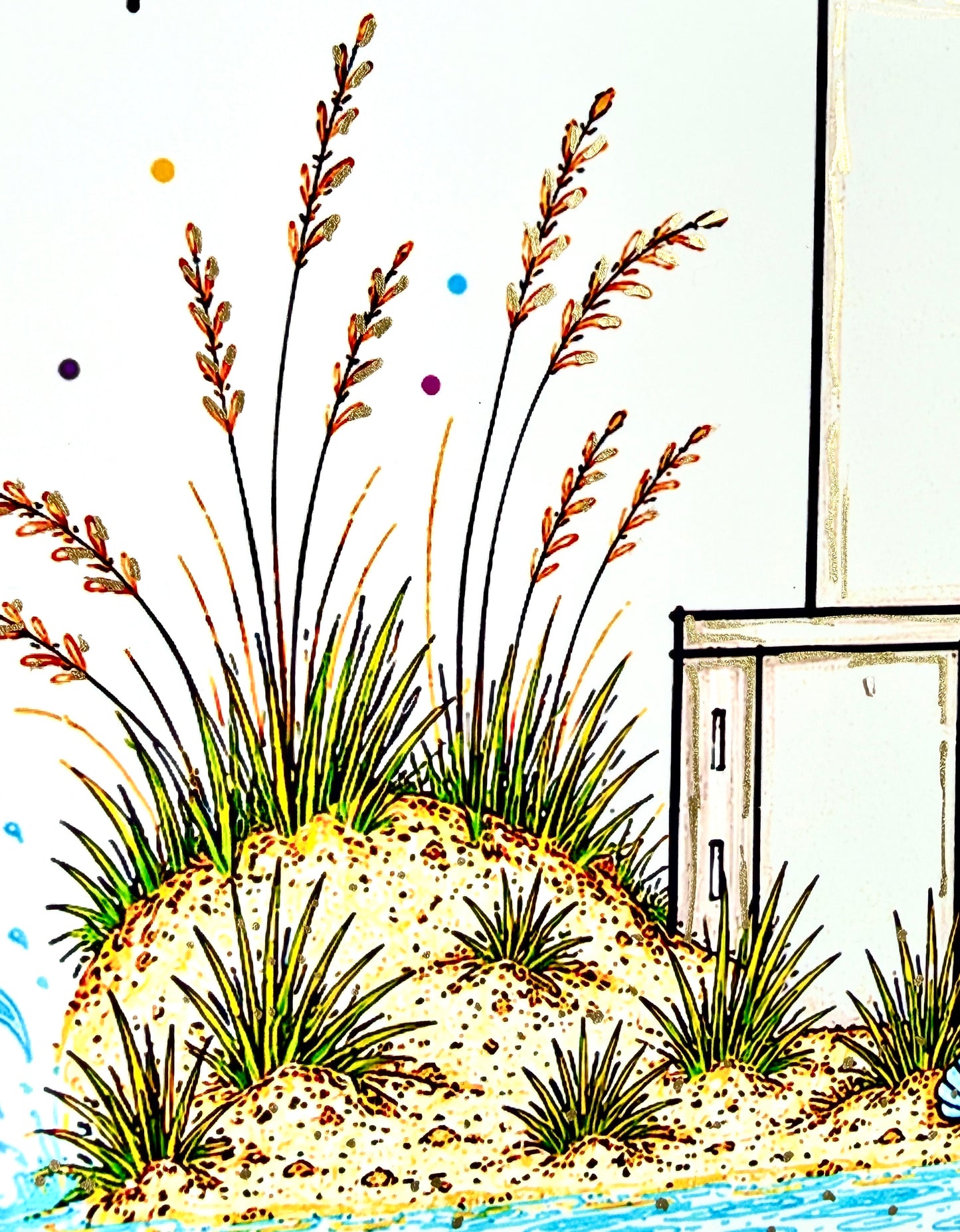 Close-up of hand embellished sea oats with metallic gold detailing.