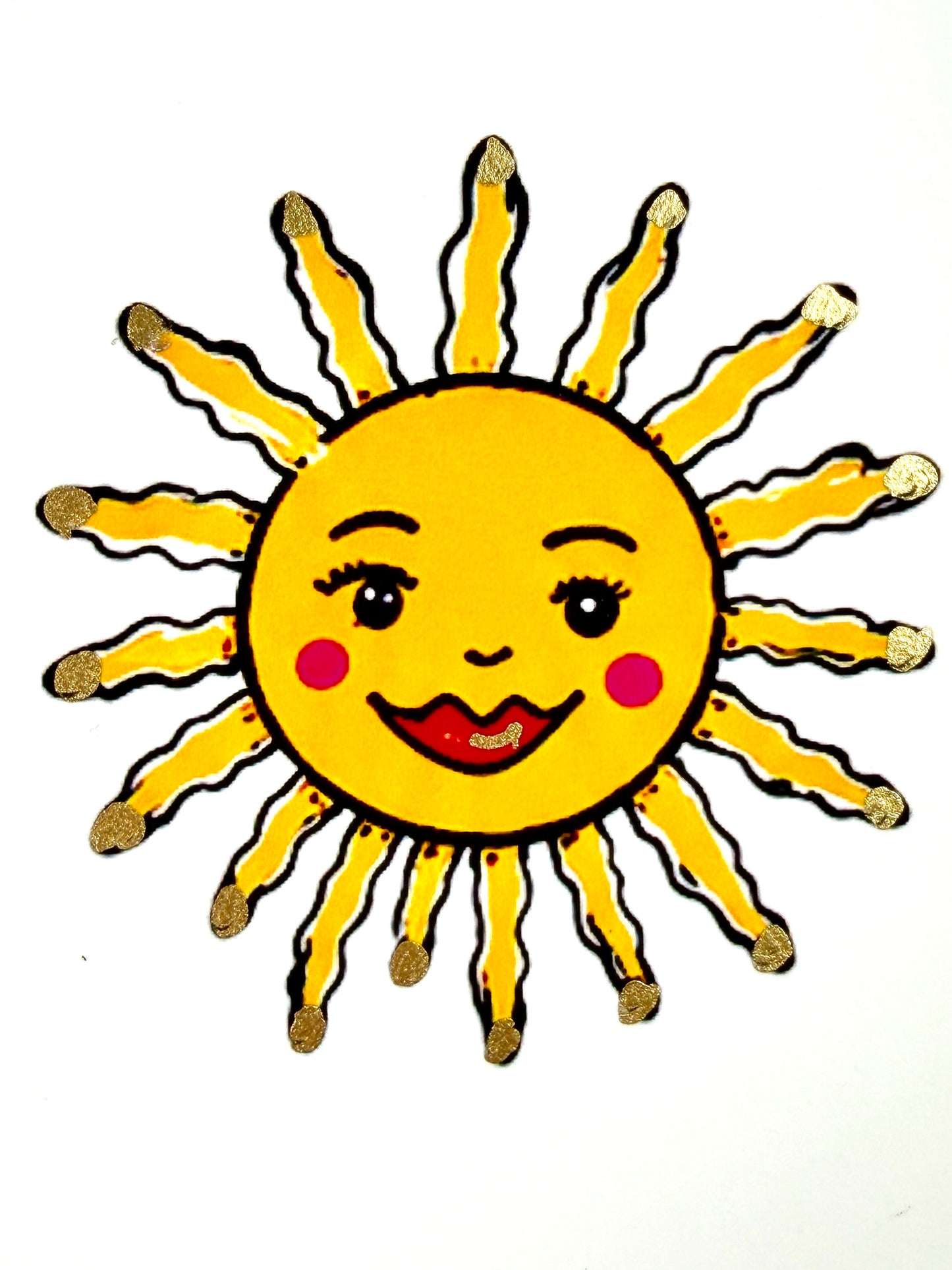 Close-up of smiling sun with hand-painted gold accents.