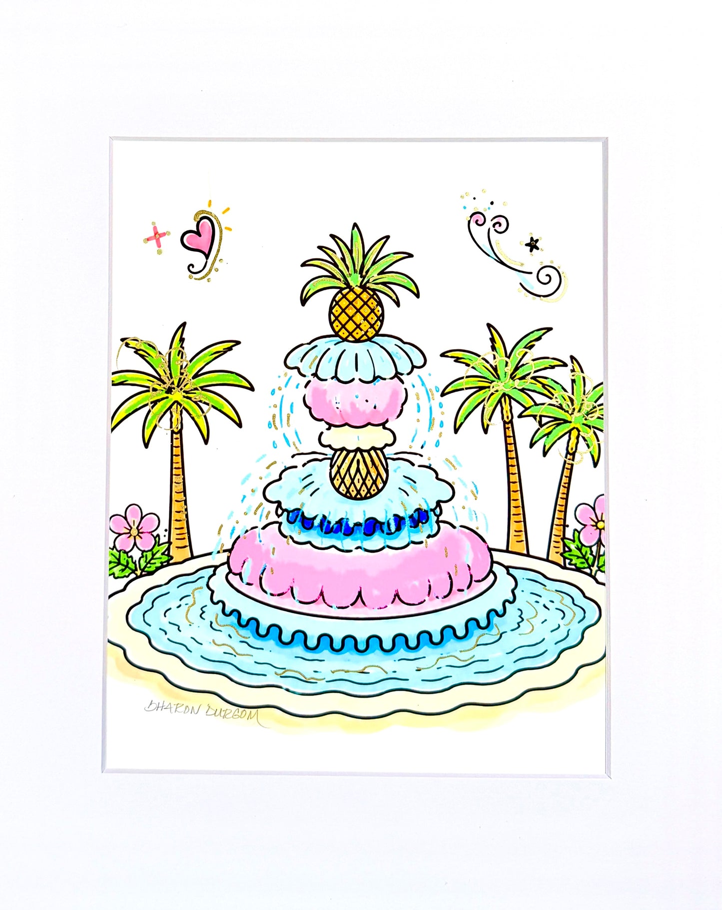 Pineapple Fountain artist embellished print with metallic gold accents.