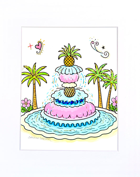 Pineapple Fountain artist embellished print with metallic gold accents.