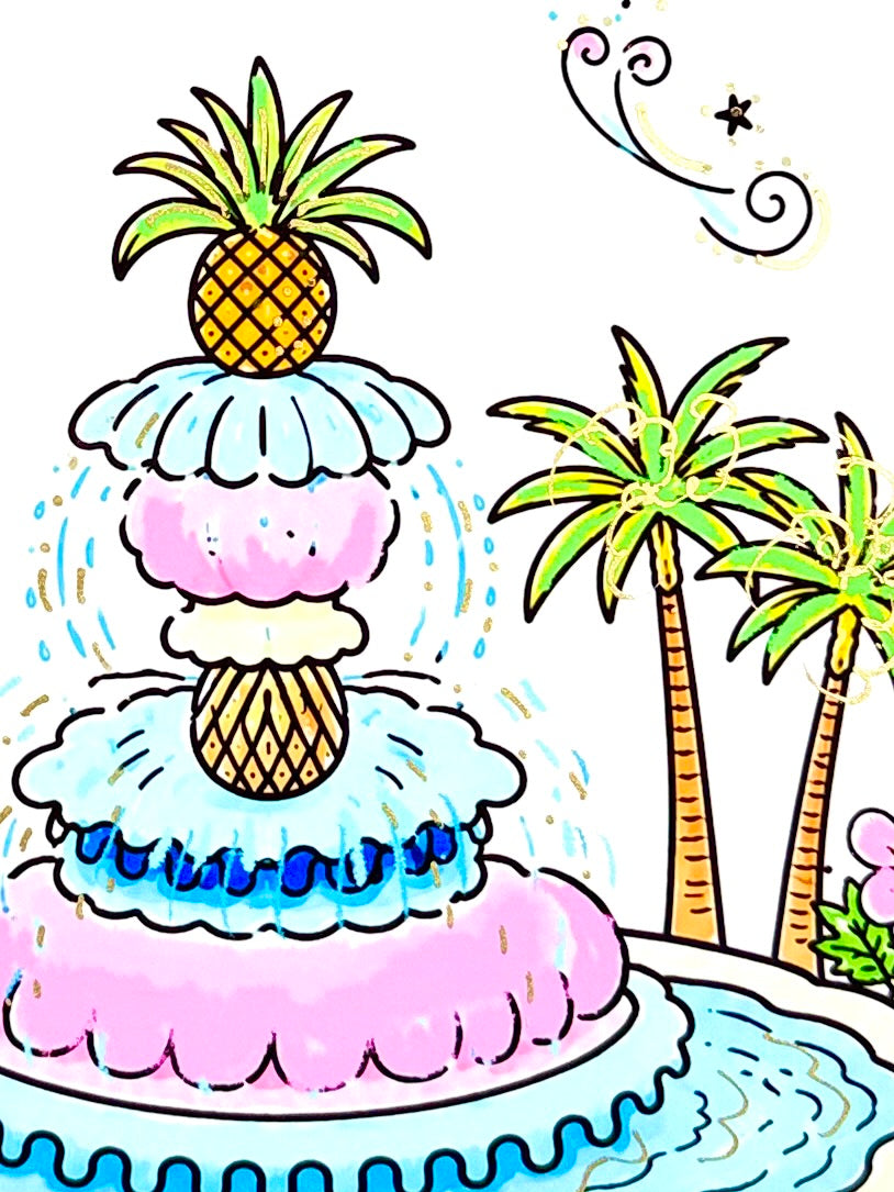 Close-up of the Pineapple Fountain with hand-painted metallic gold embellishments.