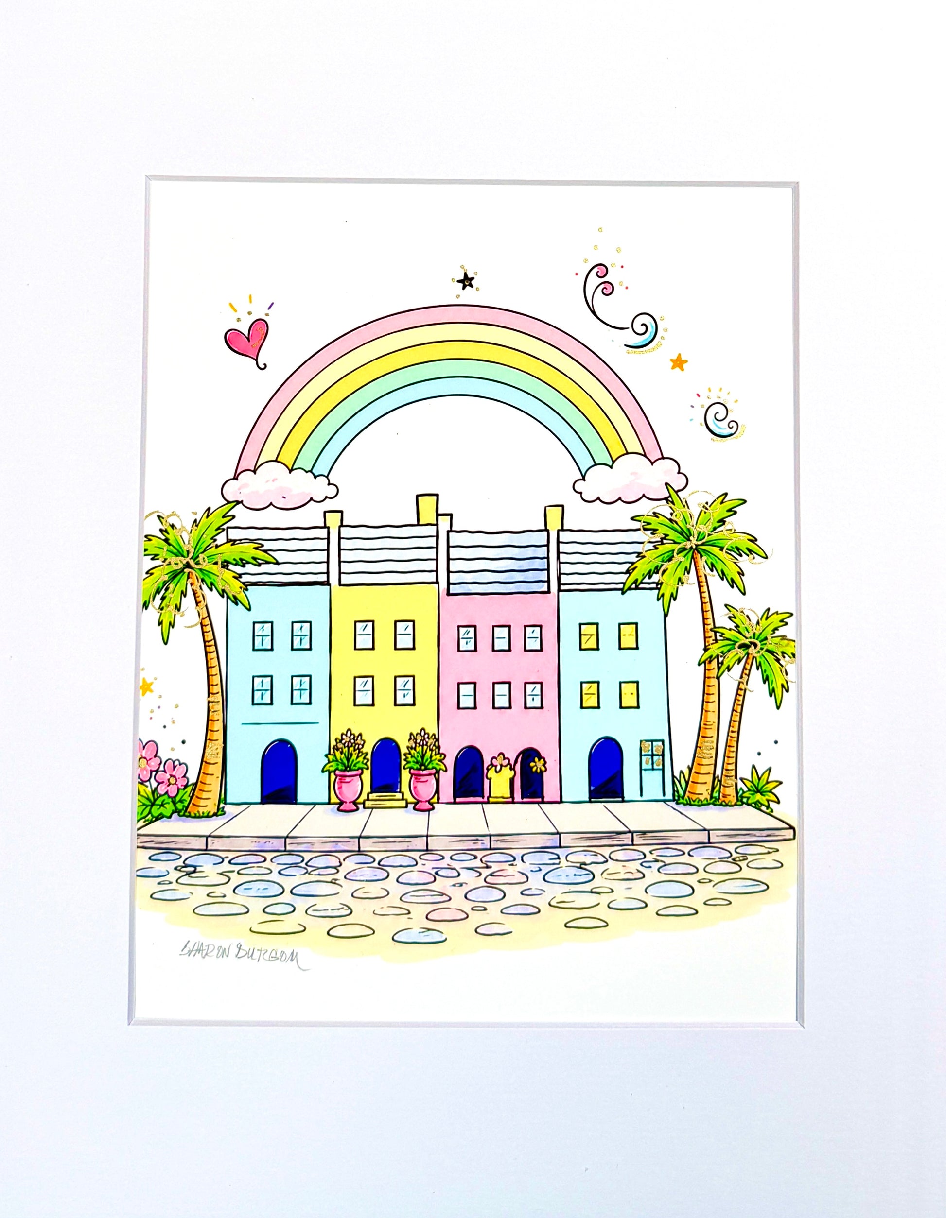 Rainbow Row artist embellished print with shimmering metallic gold accents.