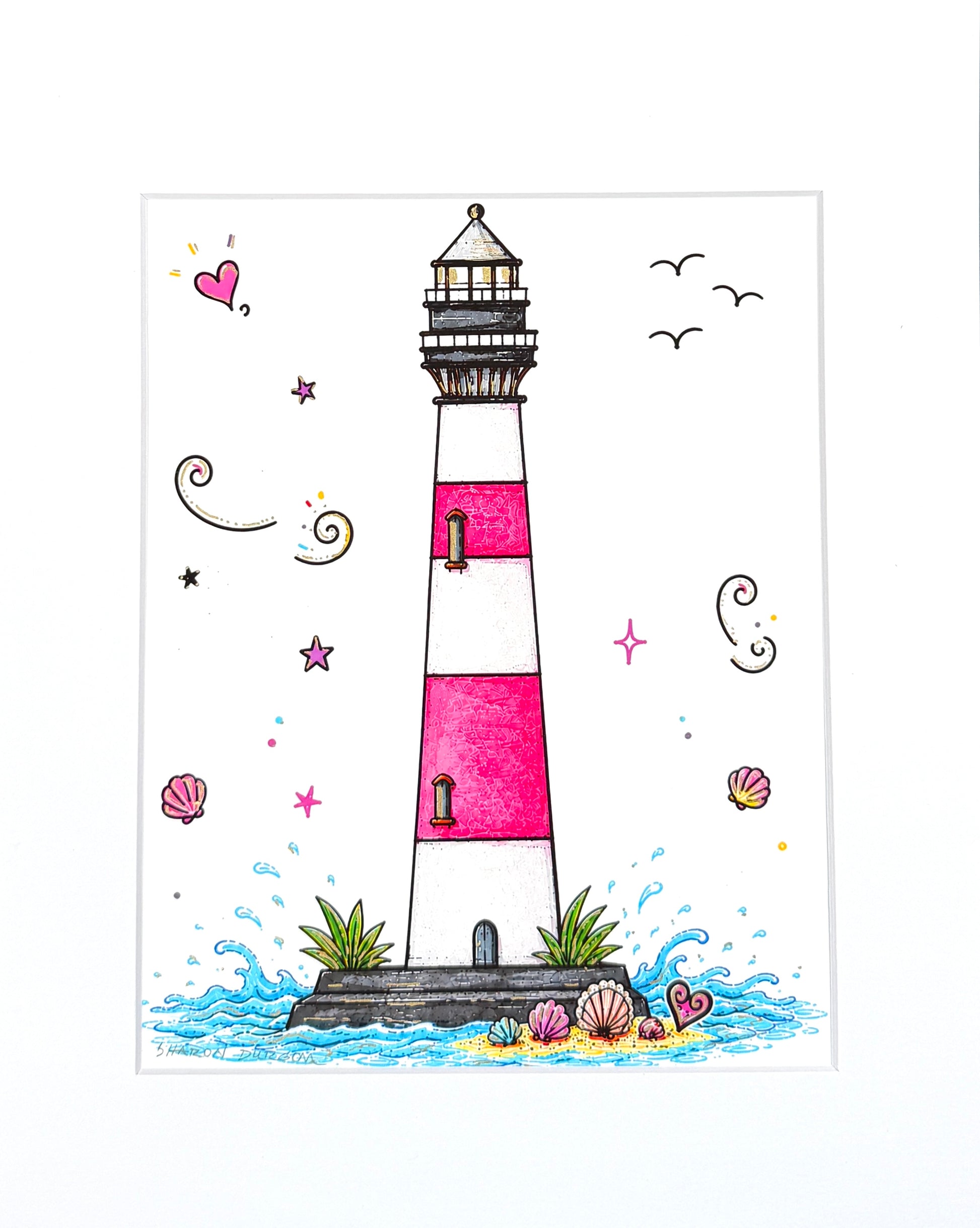 Morris Island Lighthouse artist embellished print with metallic gold accents.