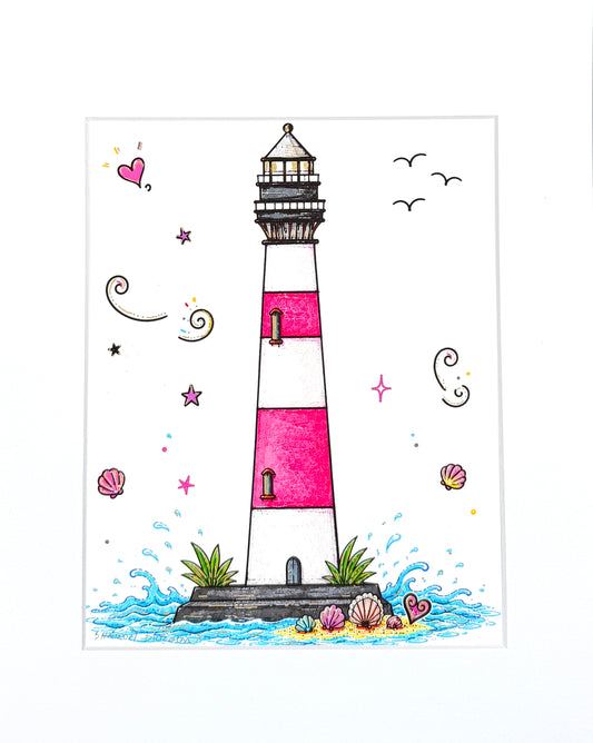 Morris Island Lighthouse artist embellished print with metallic gold accents.