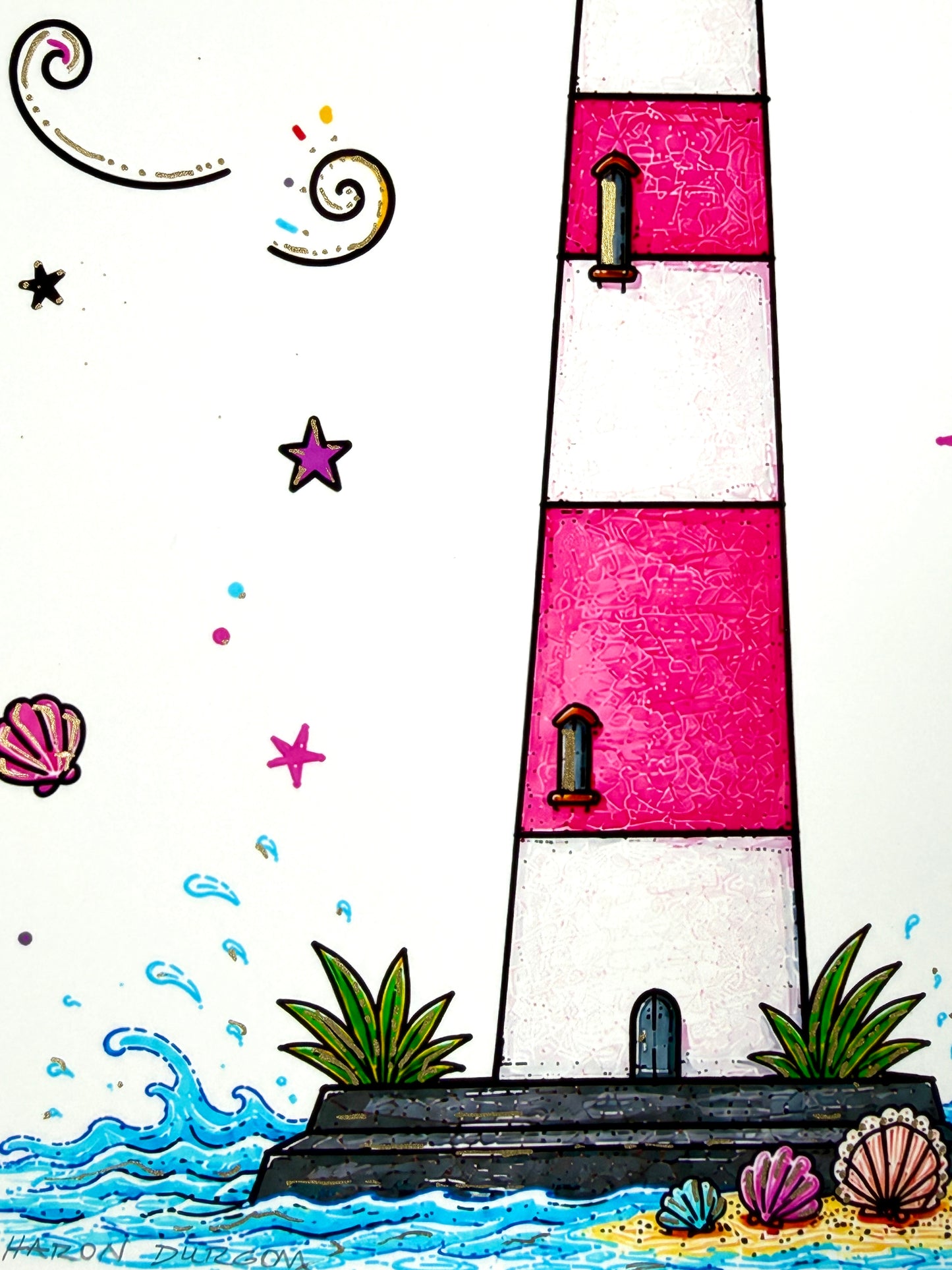 Framed Morris Island Lighthouse artist embellished print in white mat.