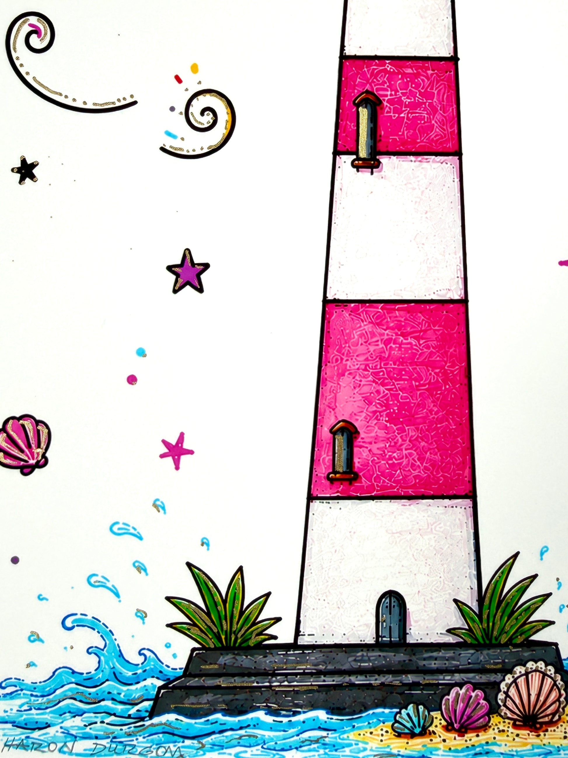 Framed Morris Island Lighthouse artist embellished print in white mat.
