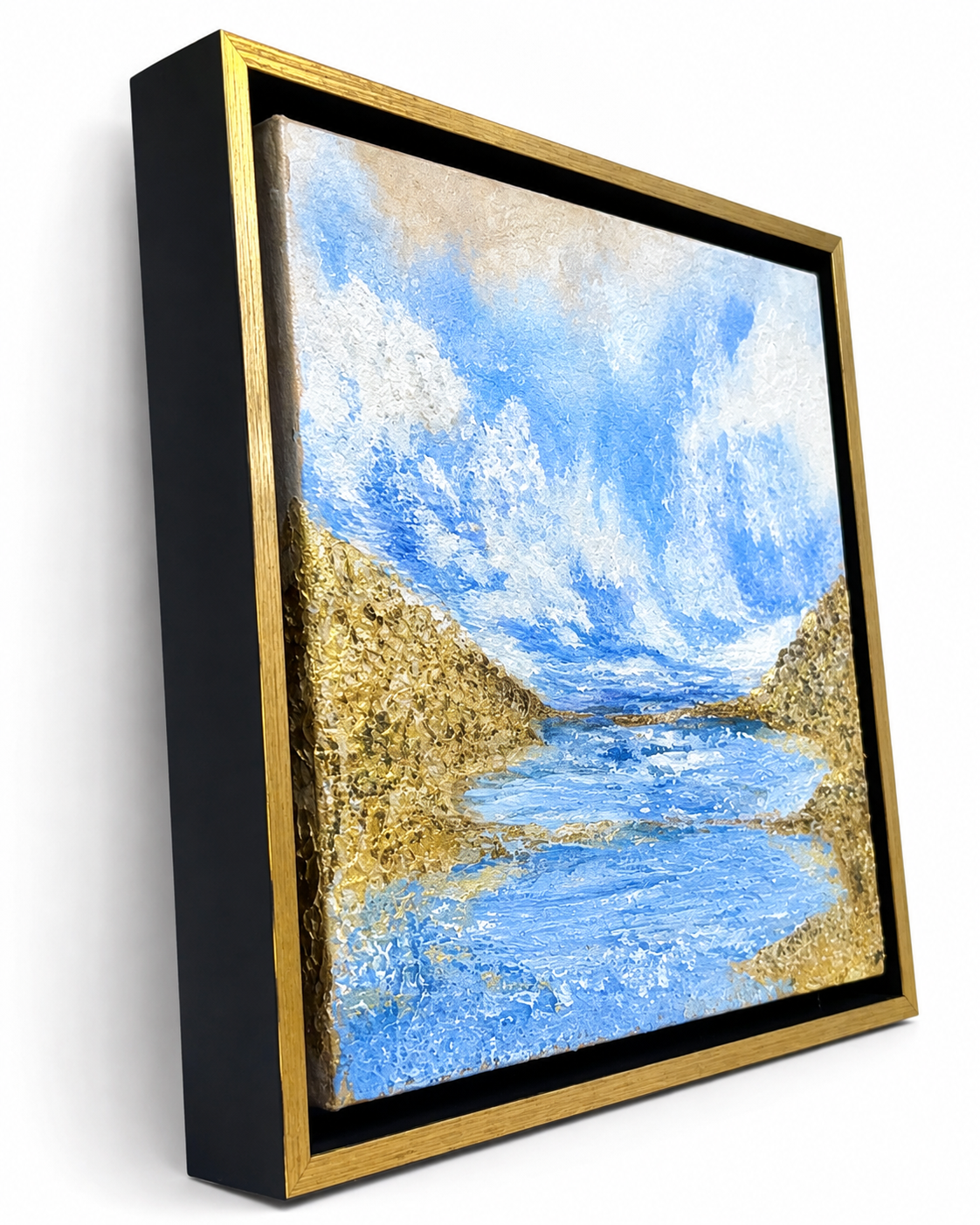 Side view of Golden Passage showing palette knife texture and black floater frame with gold trim by Sharon Durgom.