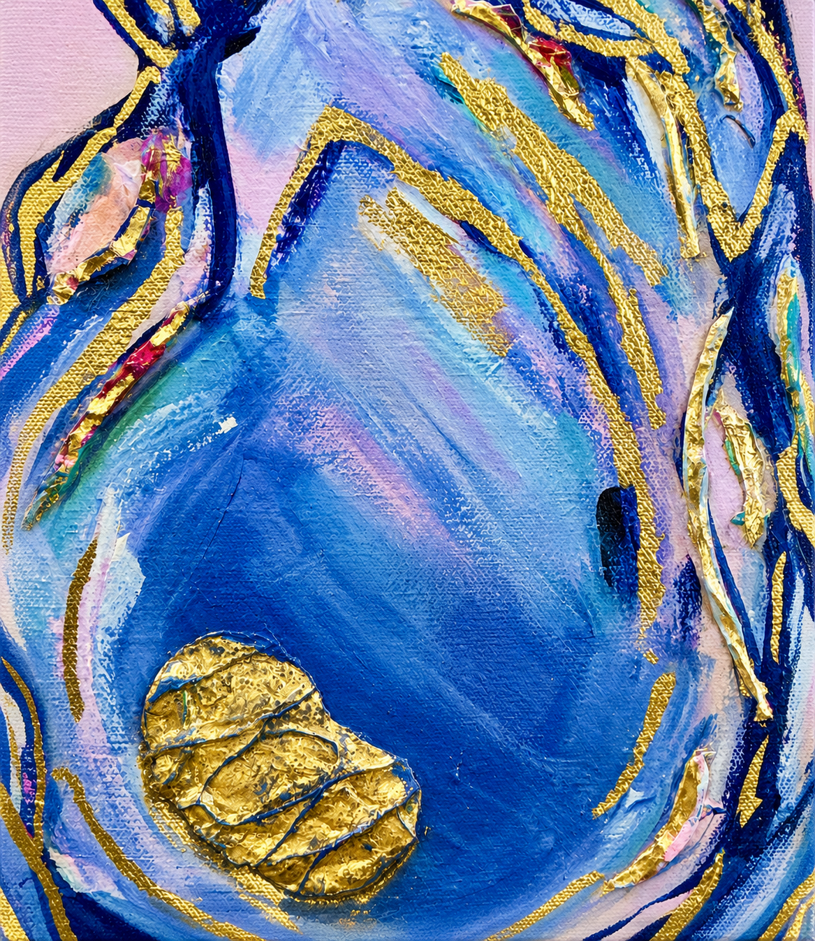 Close-up detail of Coastal Creations Oyster I showing metallic gold accents and layered acrylic texture by Sharon Durgom.