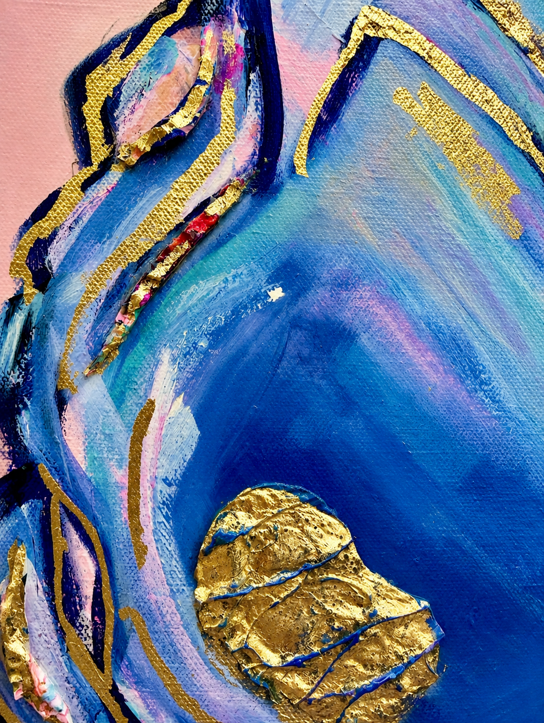 Close-up detail of Coastal Creations Oyster II showing metallic gold accents and layered acrylic texture by Sharon Durgom.