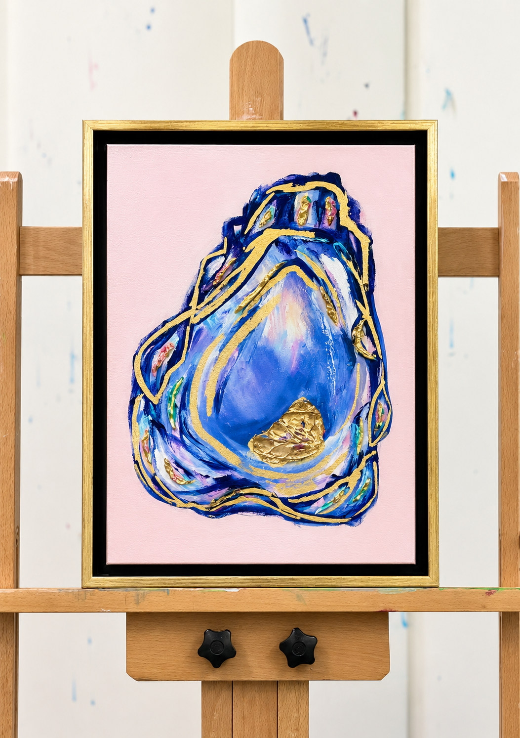 Coastal Creations Oyster II original oyster painting displayed on artist's easel by Sharon Durgom.