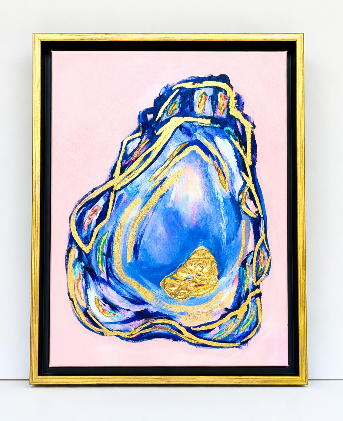 Coastal Creations Oyster II original painting by Sharon Durgom in black and gold floater frame - front view.