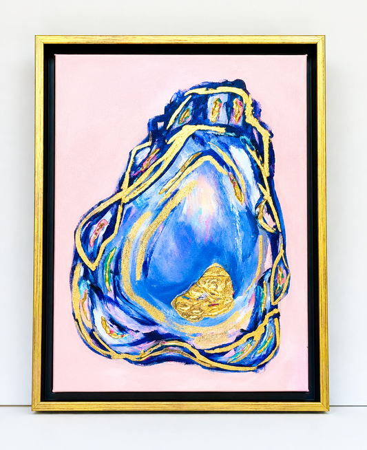 Coastal Creations Oyster II original painting by Sharon Durgom in black and gold floater frame - front view.