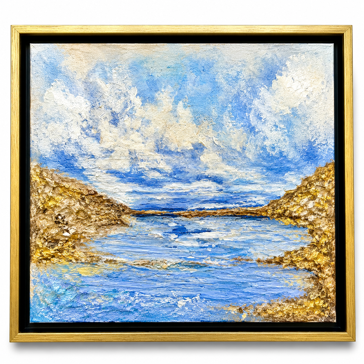 Golden Passage original coastal landscape painting by Sharon Durgom in black floater frame with gold trim - front view.