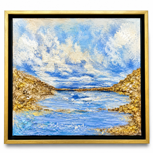 Golden Passage original coastal landscape painting by Sharon Durgom in black floater frame with gold trim - front view.